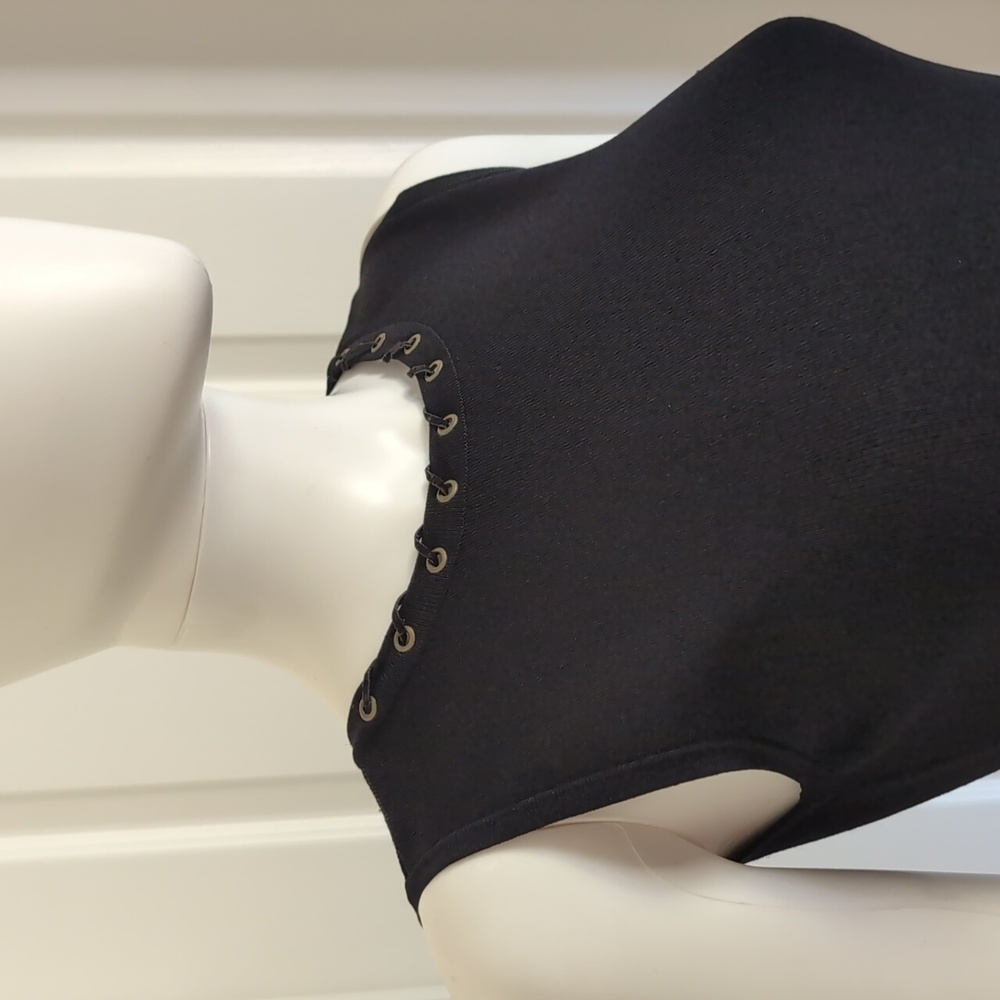 Joseph A. Black Sleeveless Top Faux Leather Lacing Around Neck EUC SzM